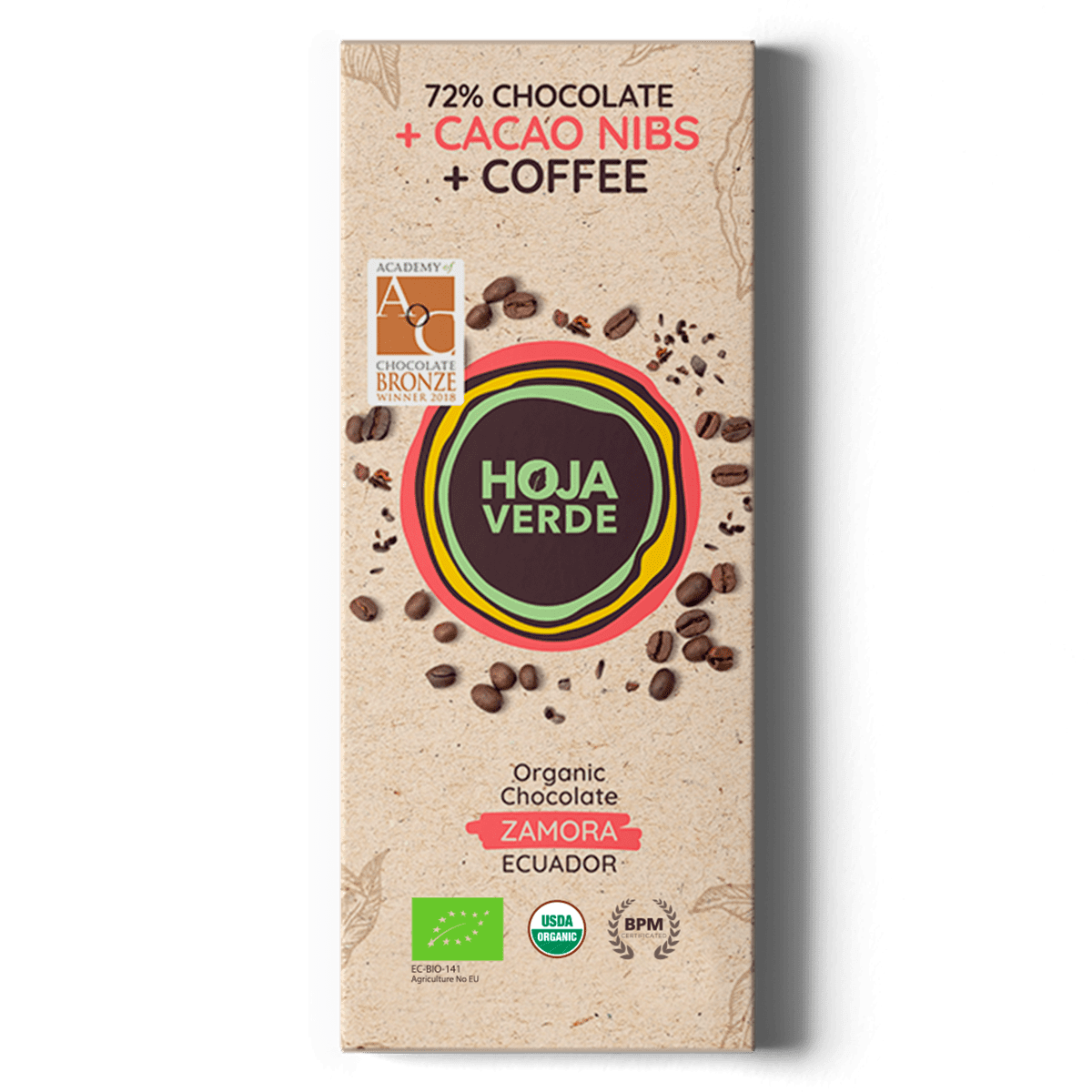 Barra Coffe + nibs 72% cacao HOJA VERDE 50gr