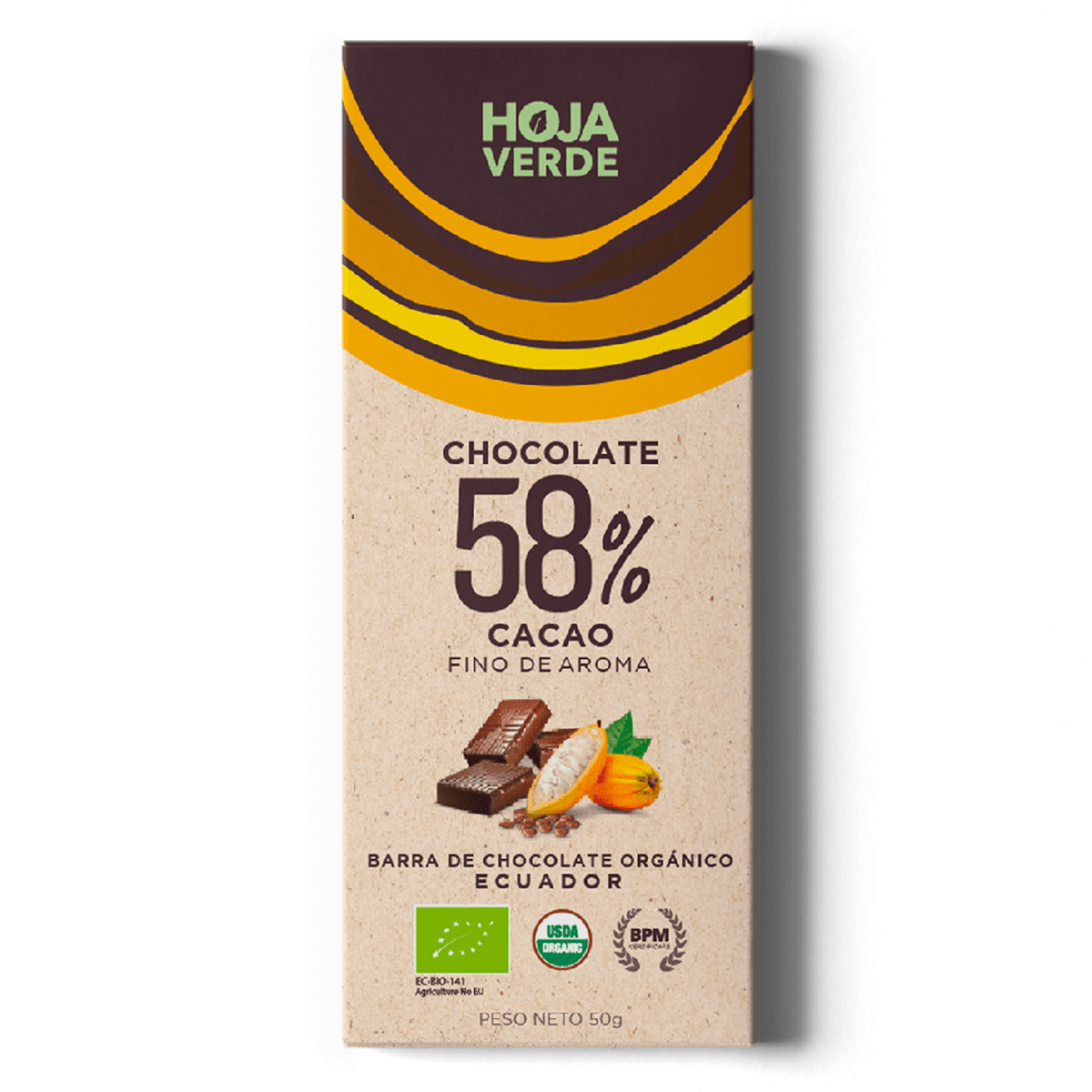 Barra 58% cacao HOJA VERDE 50gr