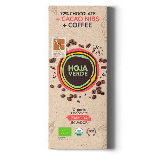Barra Coffe + nibs  72% cacao HOJA VERDE 50gr