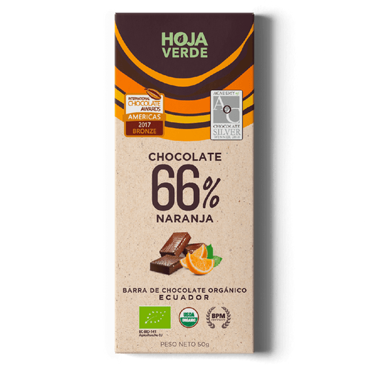 Barra Naranja 66% cacao HOJA VERDE 50gr