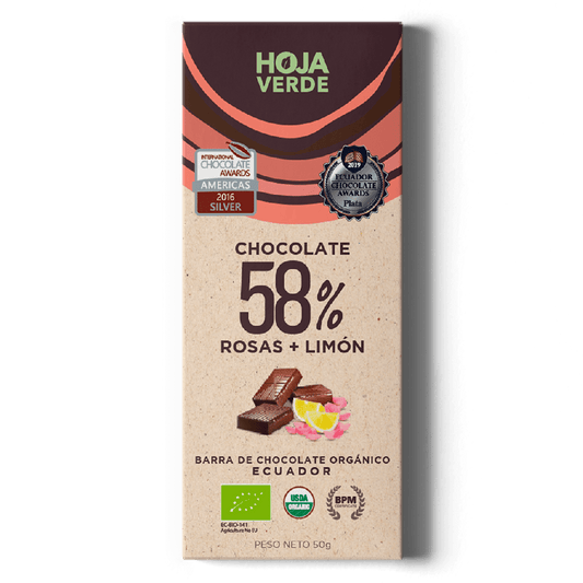 Barra de Rosas y limón 58% cacao HOJA VERDE 50gr