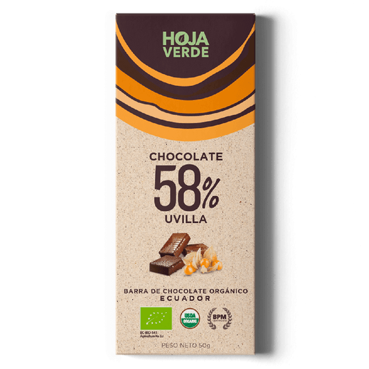 Barra de Uvillas 58% cacao HOJA VERDE 50gr