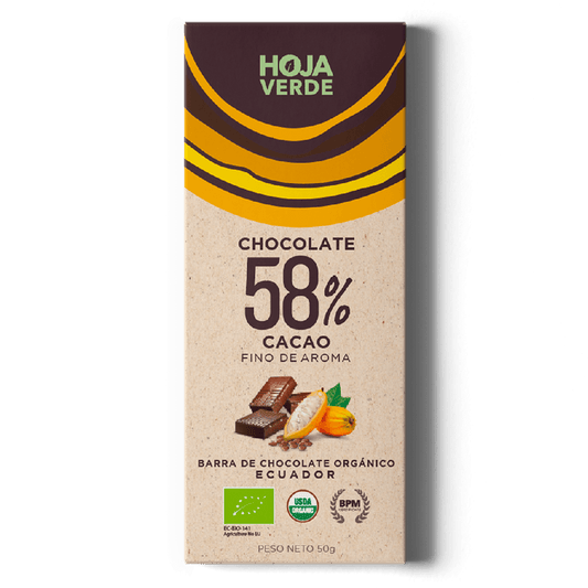 Barra 58% cacao HOJA VERDE 50gr