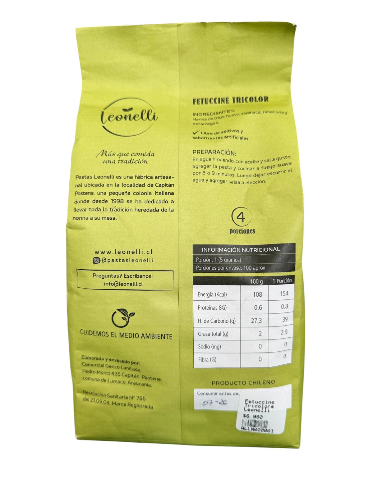 Fettuccine Espinaca, Betarraga, Zanahoria "Leoneli" 320gr 100% natural